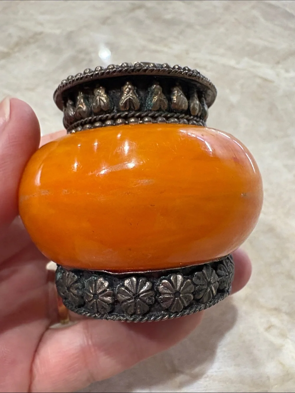 Moroccan Orange Decorative Trinket Box Accent Jar with Ornate Silver-Tone Trim